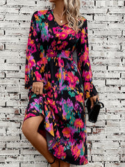 Abstract Print Shirred Dress V Neck Midi Dress Women's Clothing