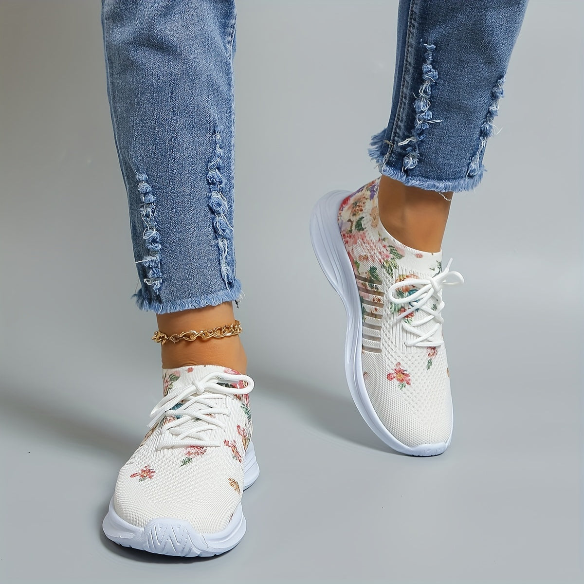 Women's Floral Print Sports Shoes Knit Low Top Running Shoes