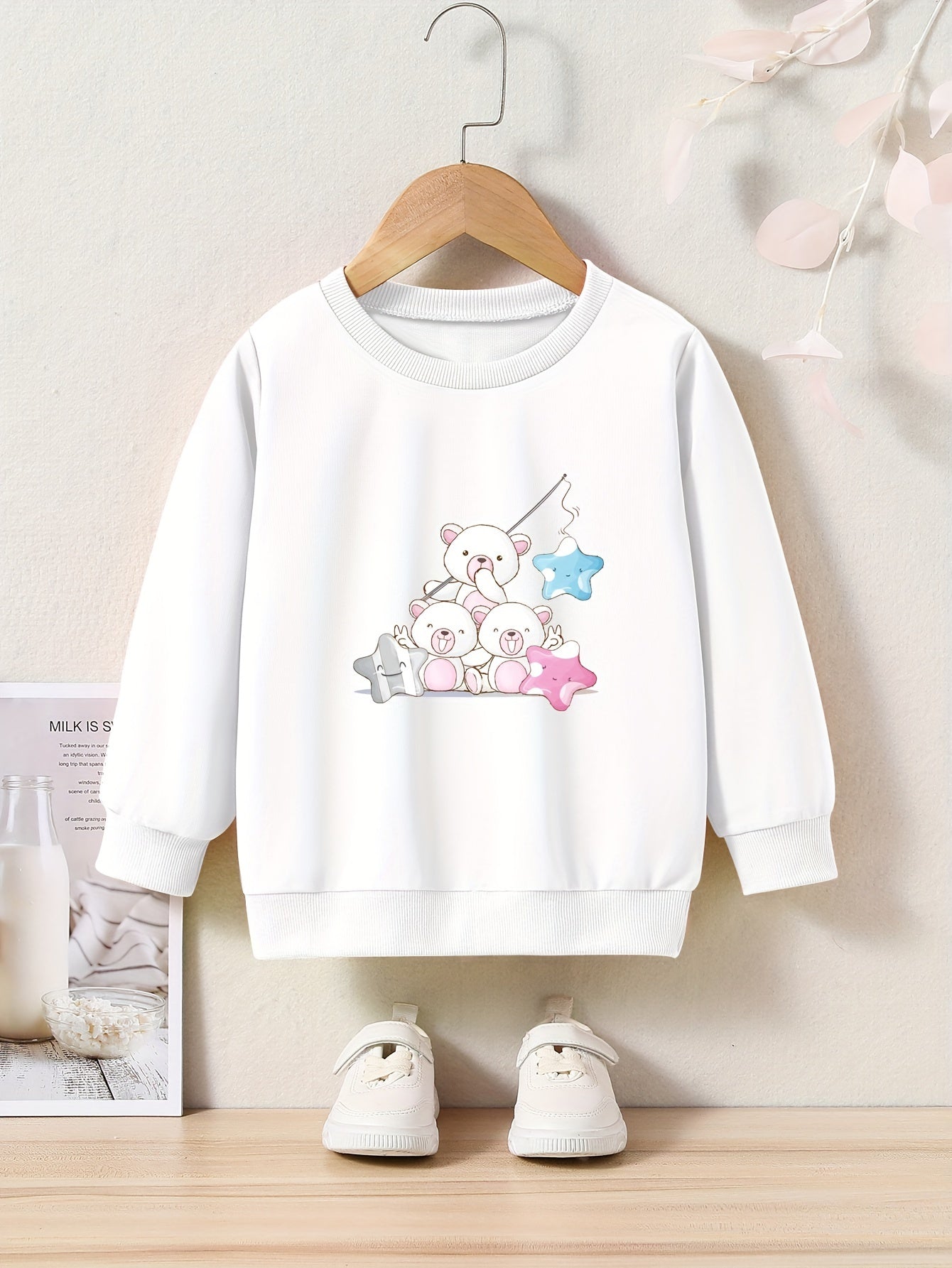 Adorable Bears Print Girls Casual Pullover Sweatshirt Long Sleeve Crew Neck Tops