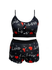 Women's Plus Heart & Letter Print Crop Cami Top & Shorts Pajama Set