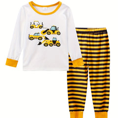 2pcs Toddler Pajama Set Long Sleeve Top & Stripe Pants Boy's Loungewear