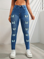 Butterfly Print High Rise Skinny Jeans