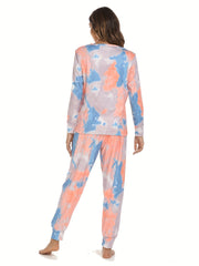 Tie Dye Print Lounge Set Long Sleeve Crew Neck Top & Elastic Waistband Pants