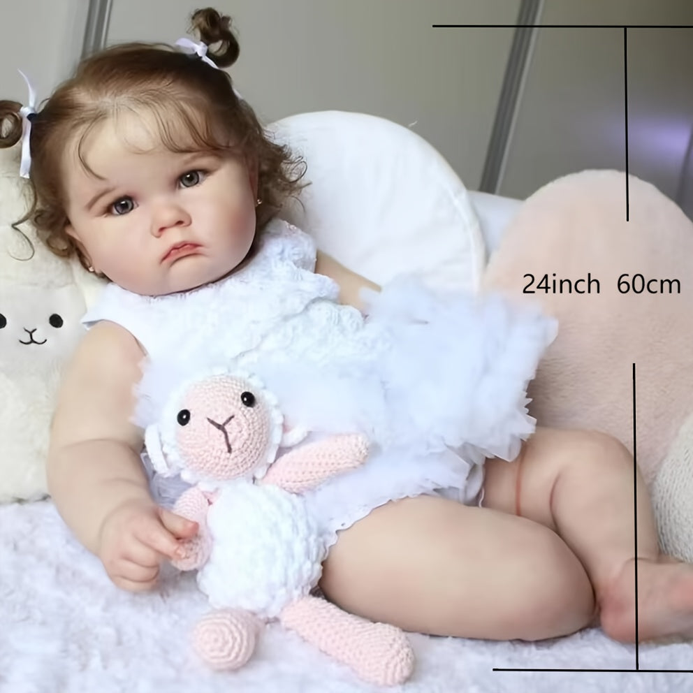 NPK 60 Reborn Baby Doll Realistic Soft Cloth Body Hand Painted Hair Lace Outfit