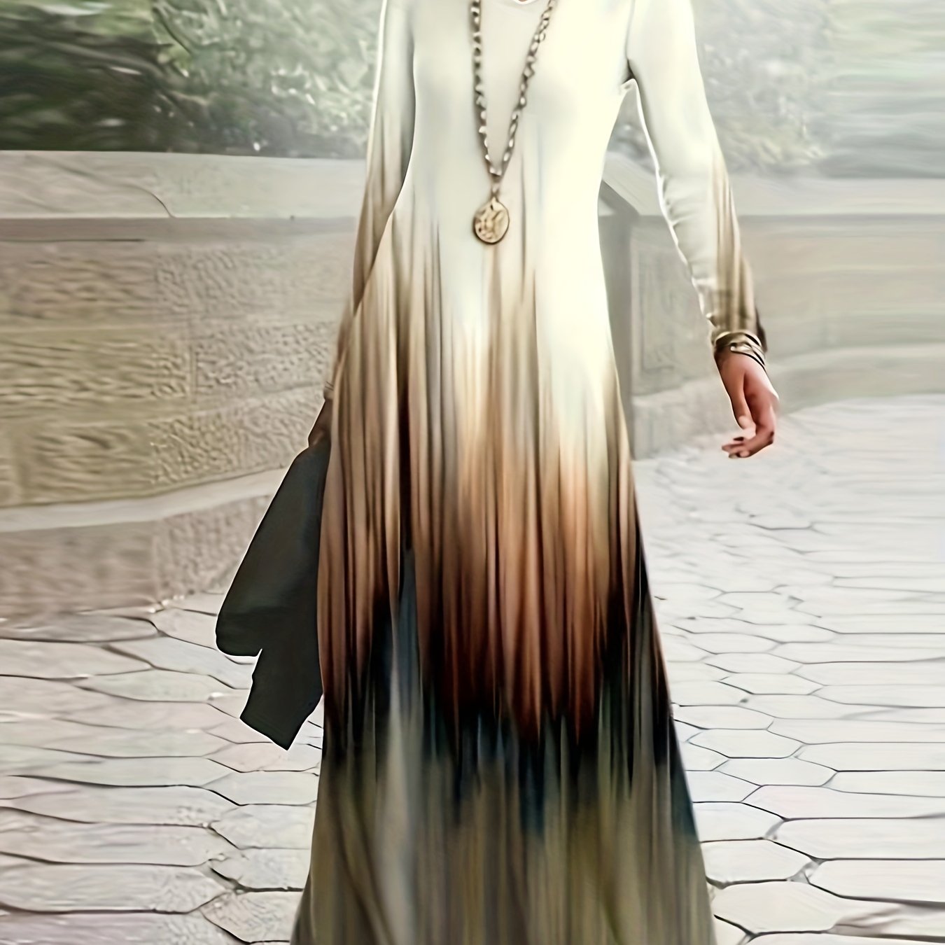 Graphic Print Long Sleeve V Neck Maxi Dress