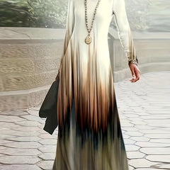 Graphic Print Long Sleeve V Neck Maxi Dress