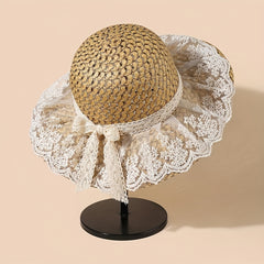 Women's Sunshade Straw Hat with Lace Bow Decor