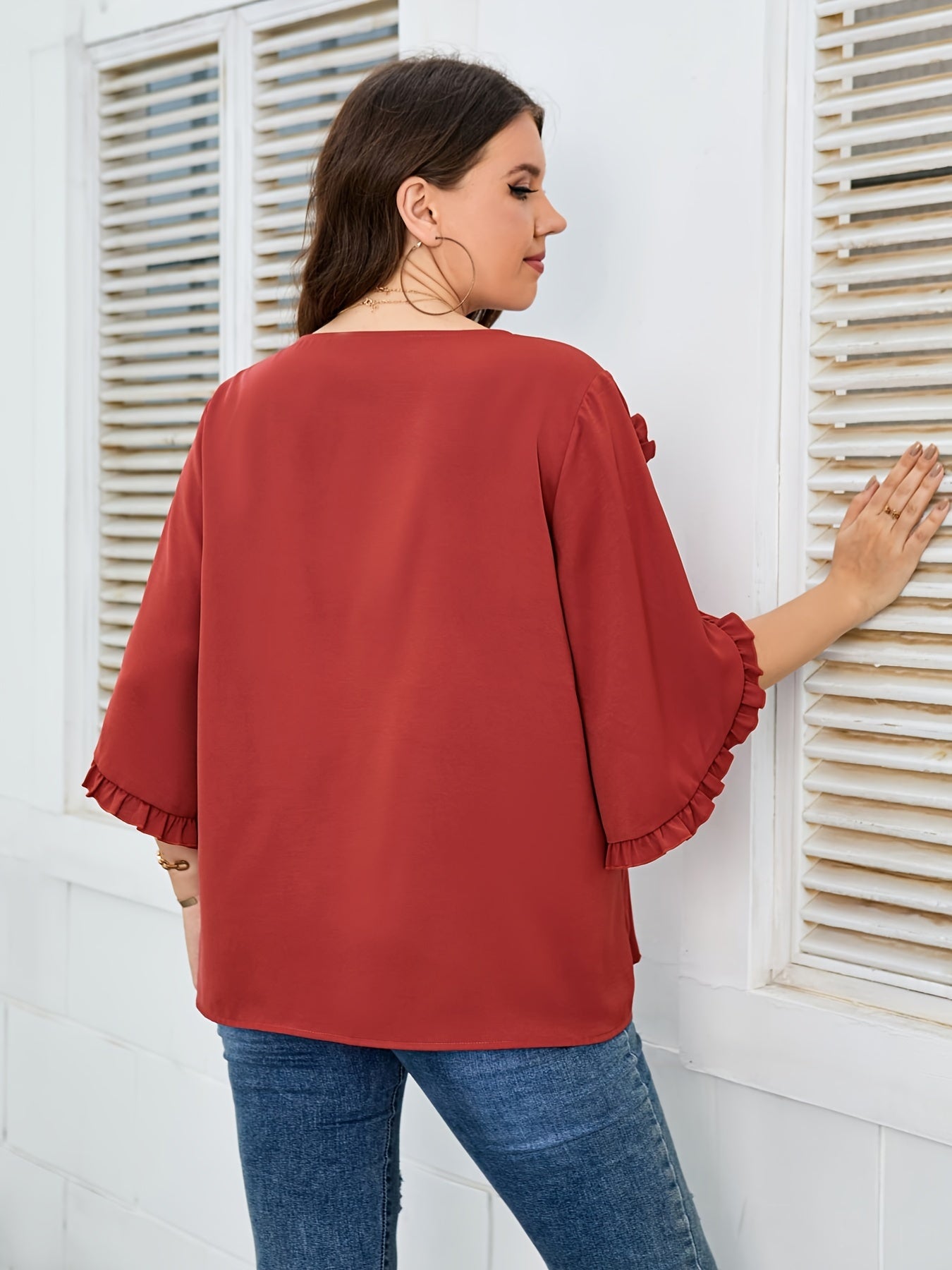 Ruffle Trim Long Sleeve Top Women's Plus Round Neck T-Shirt