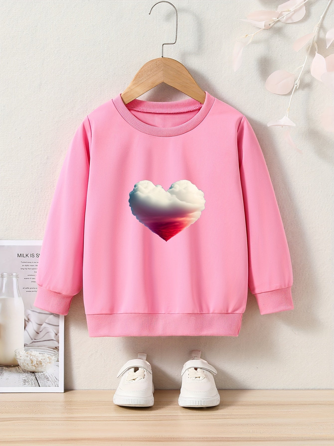 Heart Cloud Print Girls Pullover Sweatshirt Long Sleeve Crew Neck Tops