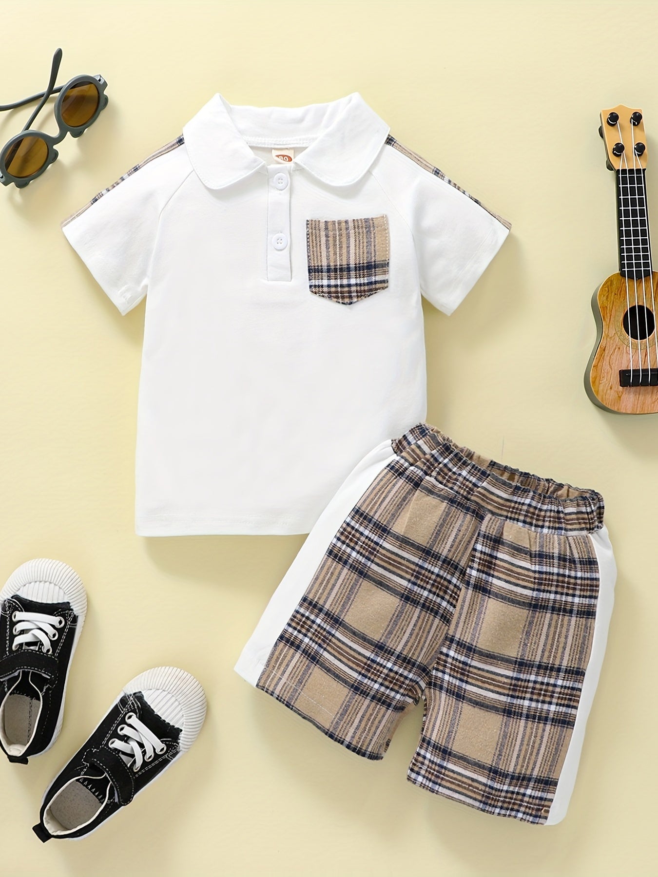 Boys Teen Casual Polo Shirt & Plaid Shorts Set for Summer