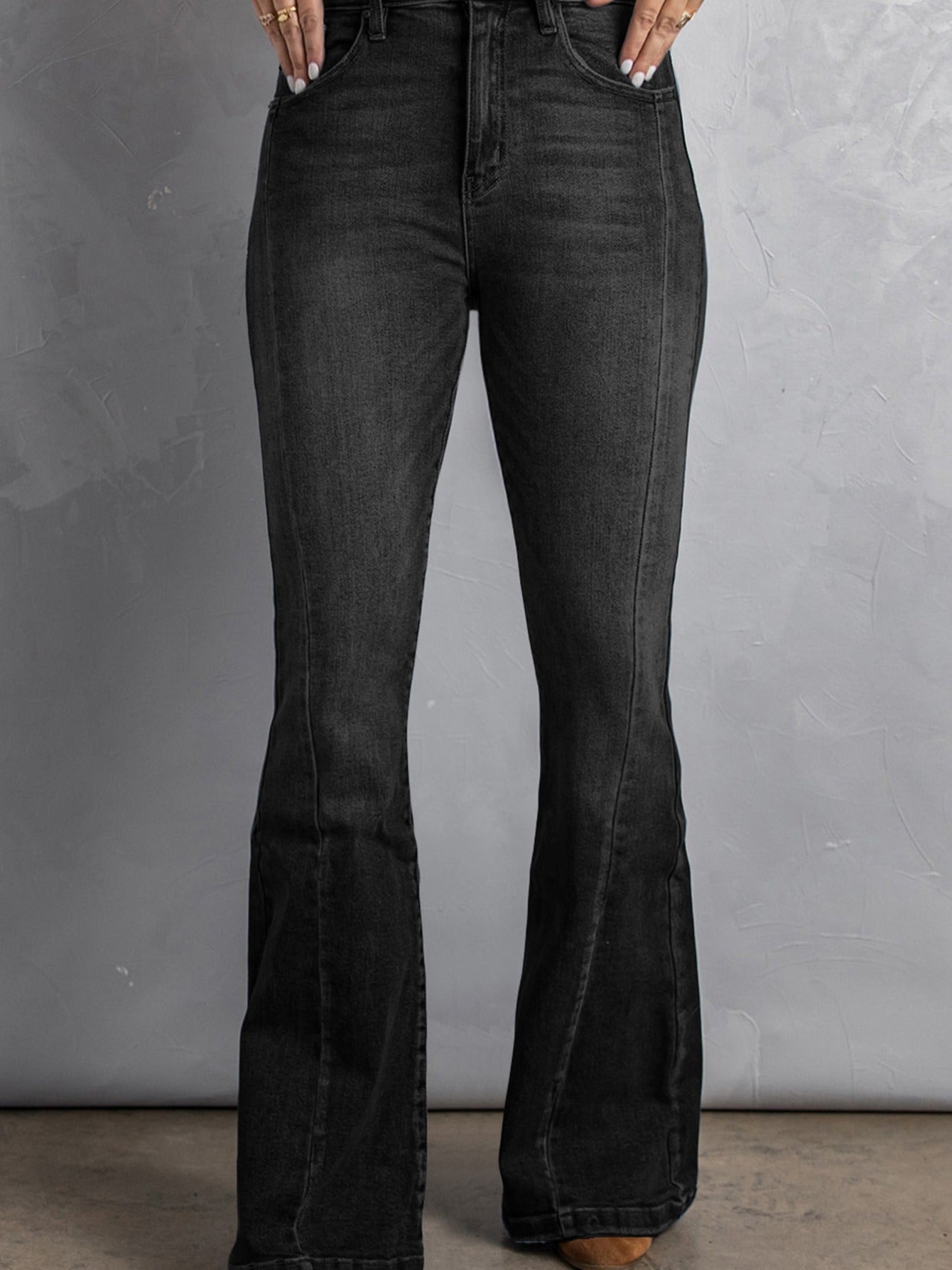 High Waist Flare Jeans Solid High Rise Denim Pants