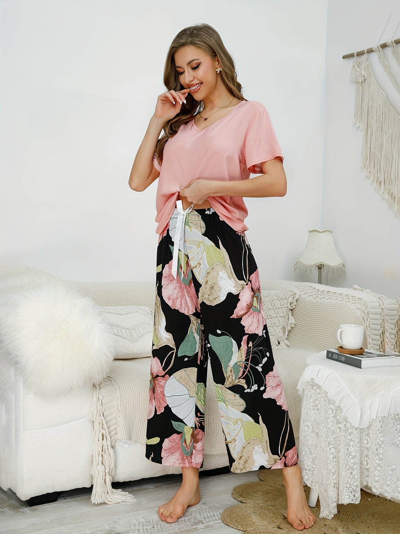 Floral Print Pajama Set Short Sleeve Top & Pants