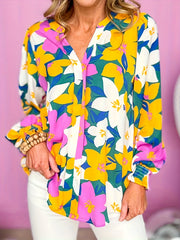 Floral Print Lantern Sleeve Notched Neck Tunic Top