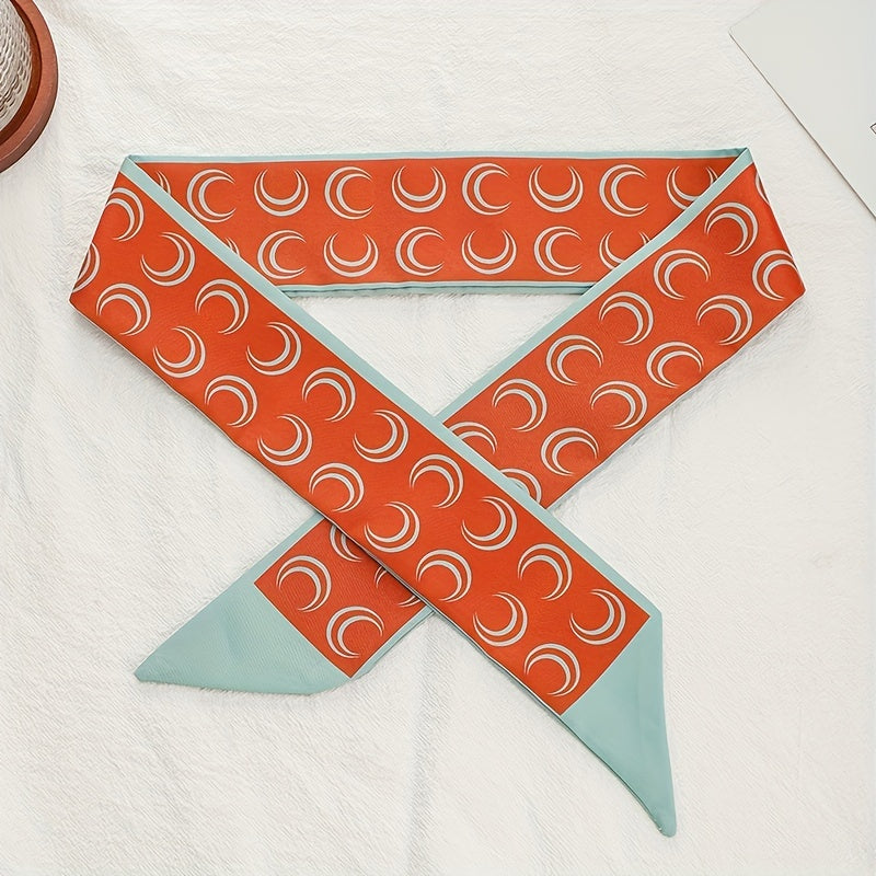 Red Crescent Print Skinny Scarf Hair Ribbon Neckerchief Satin Twilly Scarf