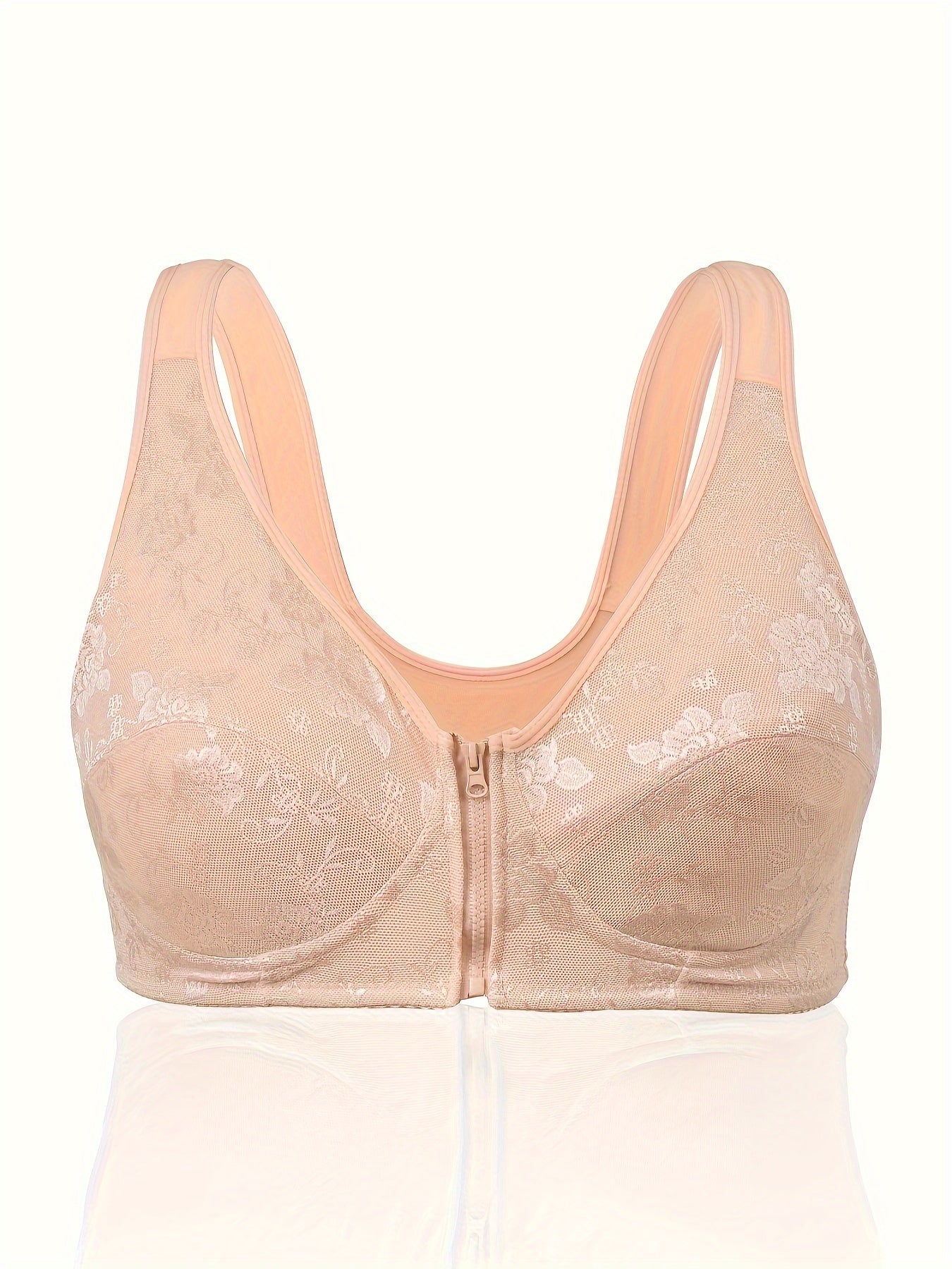 Plus Size Women's Floral Jacquard Zipper Front T-shirt Bra