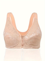 Plus Size Women's Floral Jacquard Zipper Front T-shirt Bra