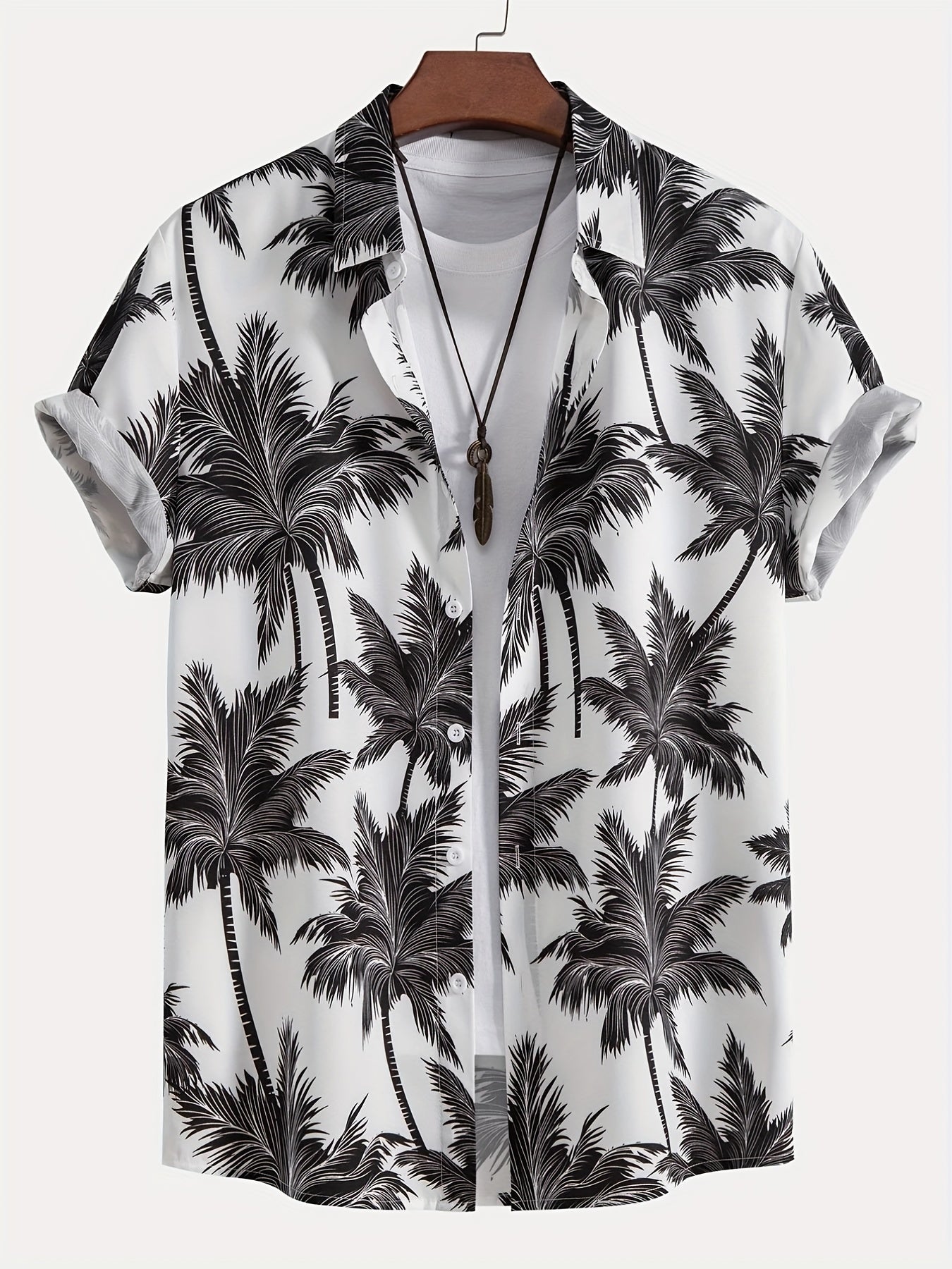 Men's Coconut Tree Print Hawaiian Shirt Summer Casual Button Up Shirt