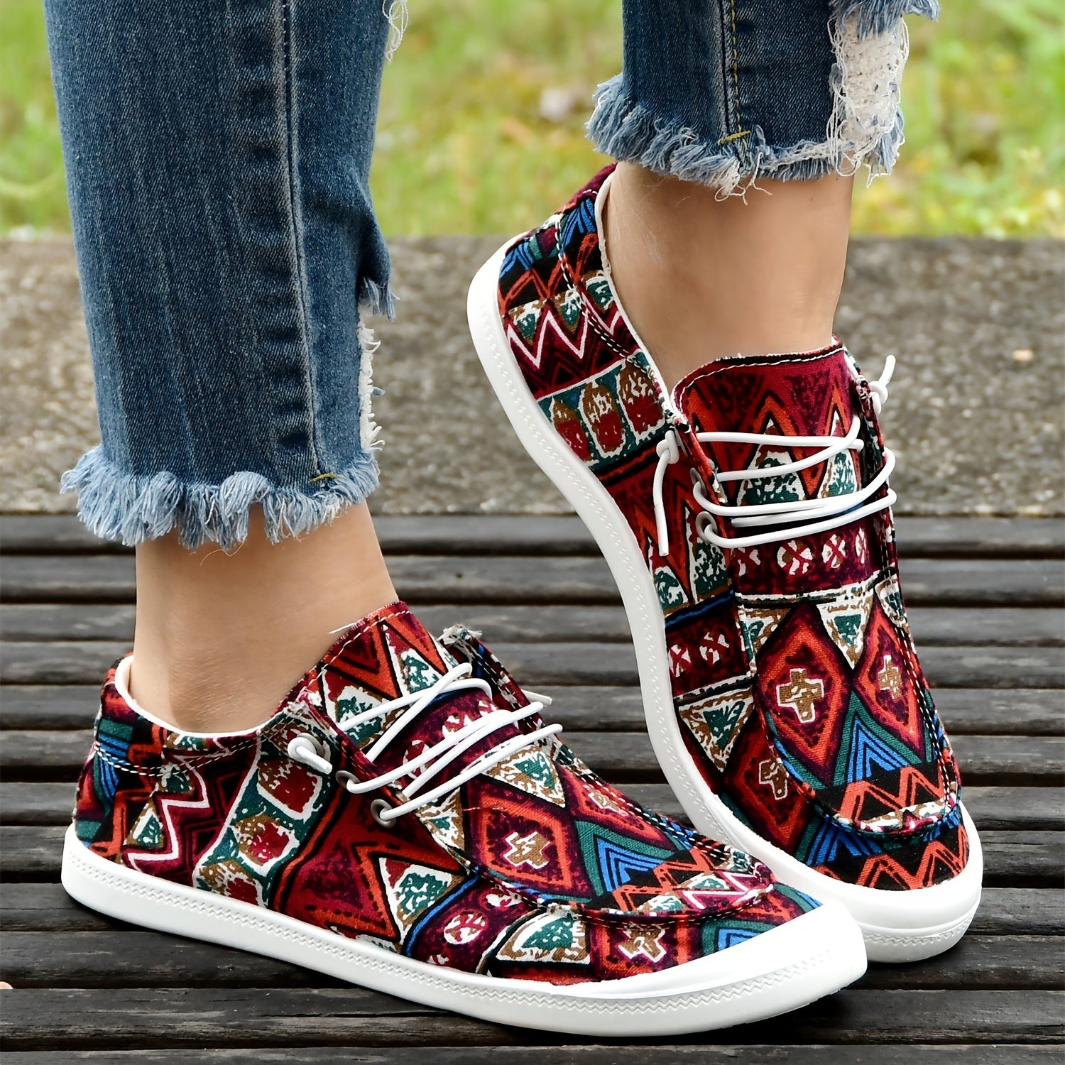 Boho Style Pattern Flat Shoes Casual Lace Up Canvas Slip On Loafers