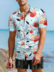 Men's Floral & Leaf Print Camp Collar Bowling Shirt
