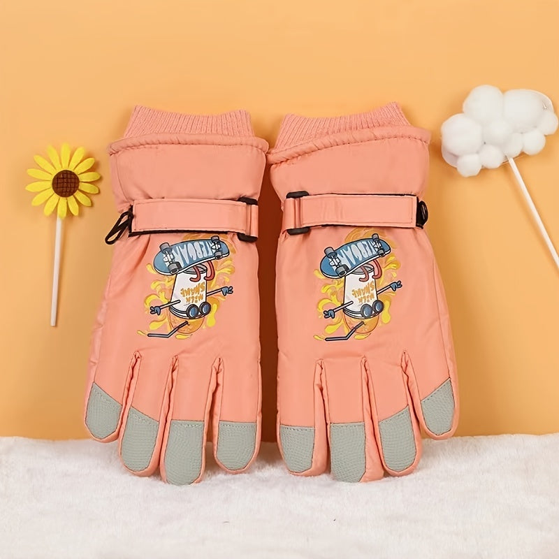 Kids' Warm Waterproof Cartoon Cycling Gloves, Ages 8-11