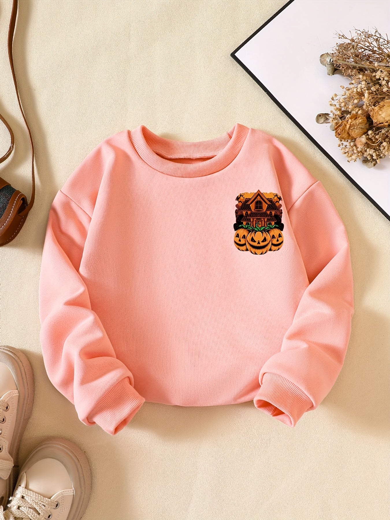 Girls' Pumpkin House Casual Crew Neck Sweatshirt for Halloween