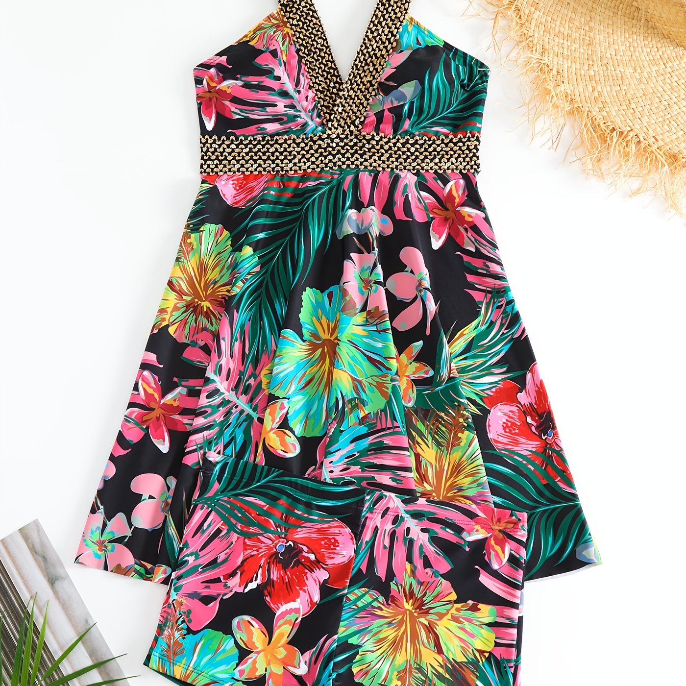 Tropical Floral Print V Neck Two Piece Set Tankini Swimsuit