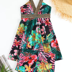 Tropical Floral Print V Neck Two Piece Set Tankini Swimsuit