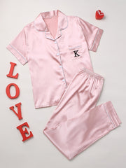 Letter Print Pajama Set Short Sleeve Top & Pants Women's Sleepwear