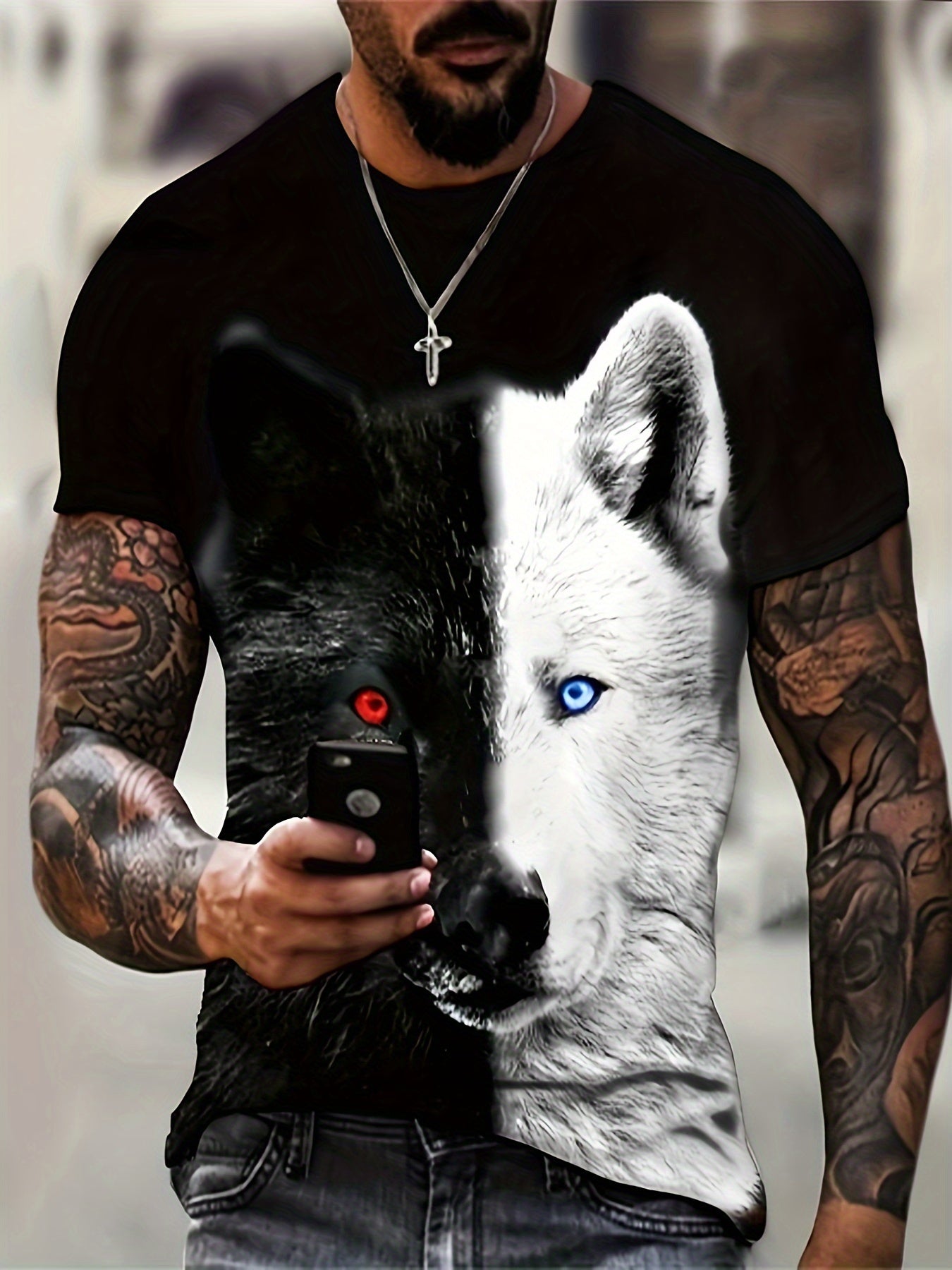 Men's Wolf Pattern Sports T-shirt Round Neck Tee Shirt