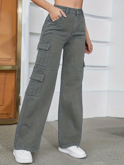Solid Coffee Brown Cargo Jeans Side Flap Pocket High Rise Loose Denim Pants