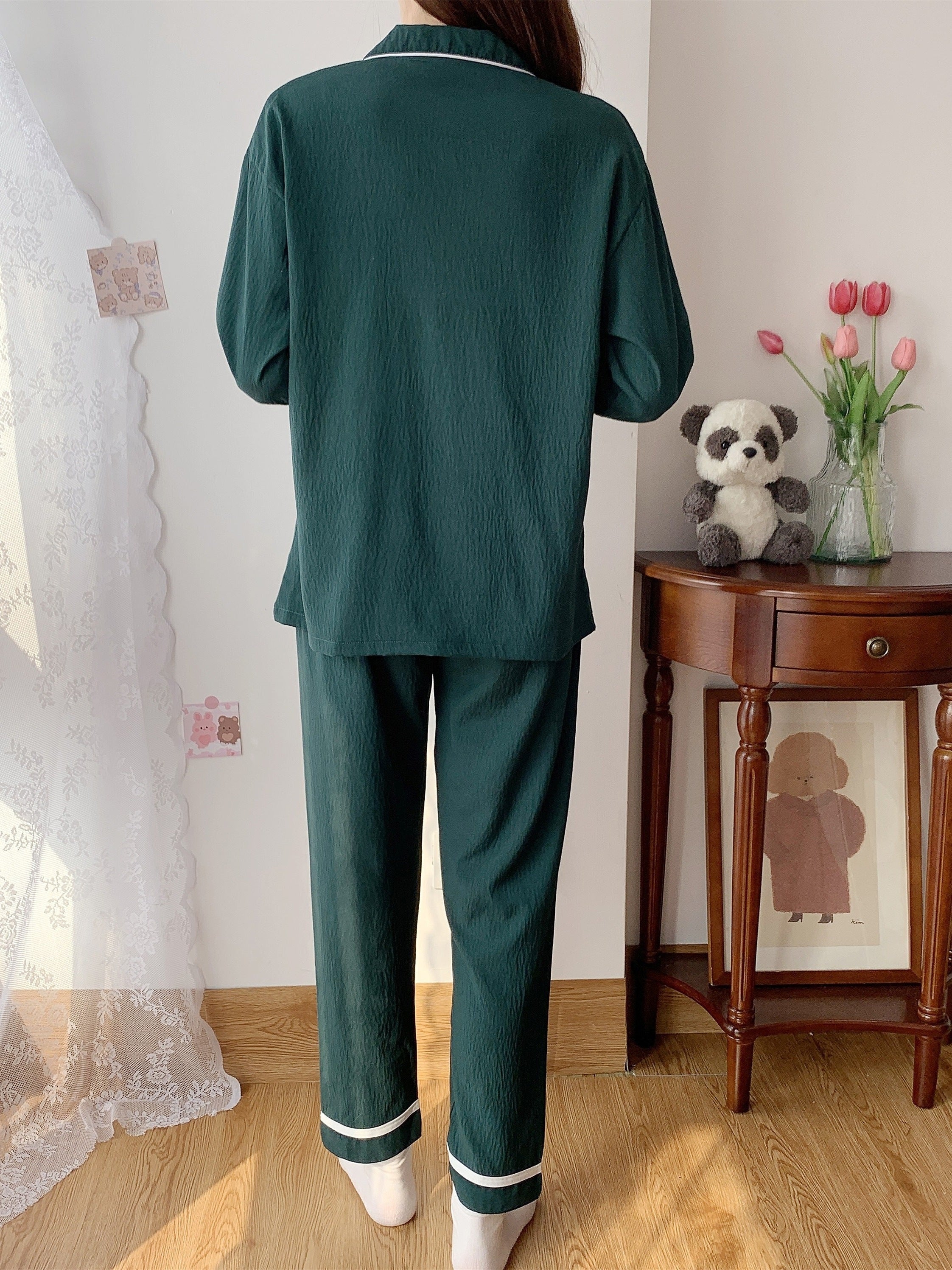 2pcs Loungewear Set Long Sleeve Top & Pants Women's Pajama Set