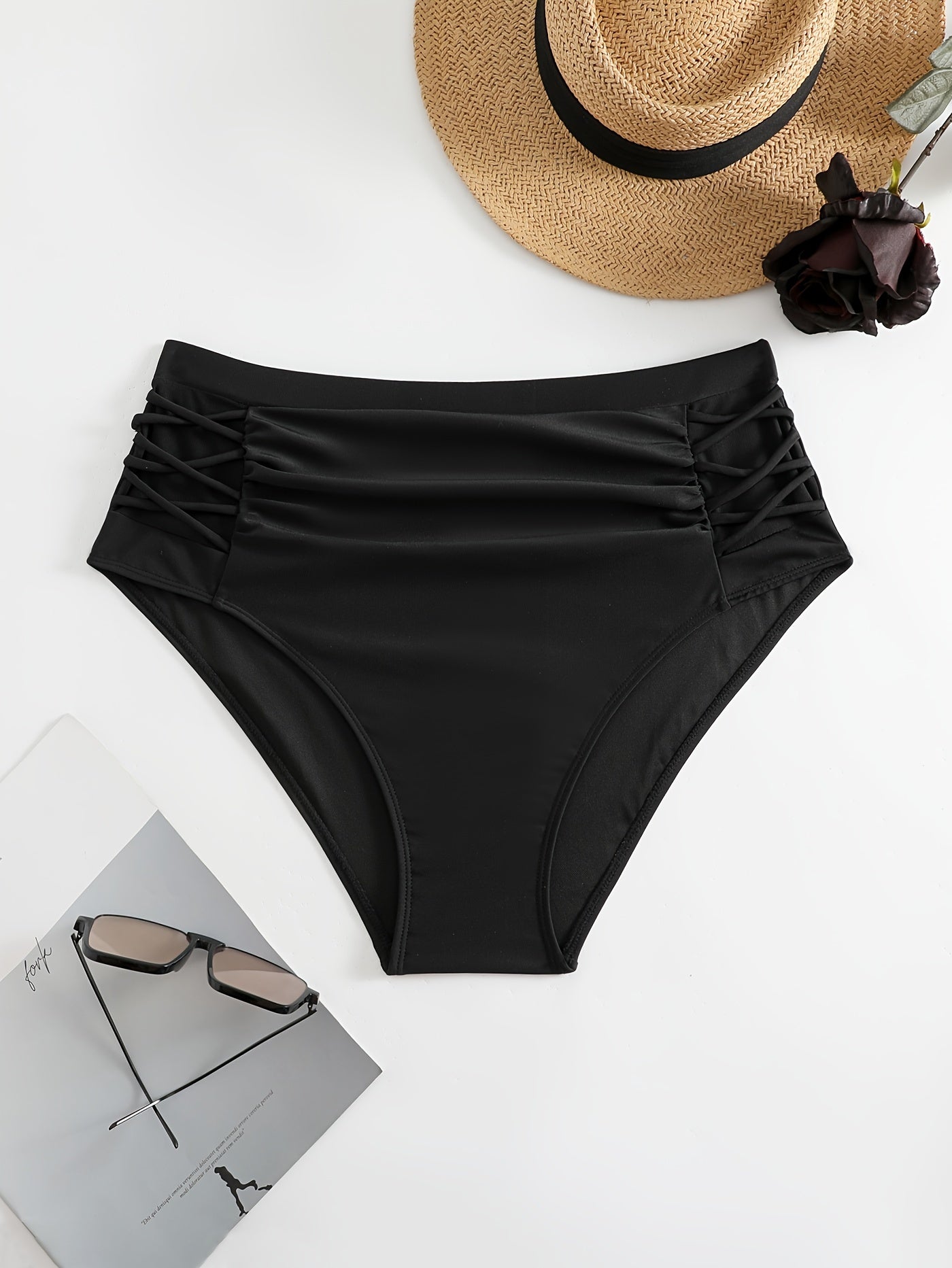 Solid Lace Up Ruched High Rise Swimwear Panty