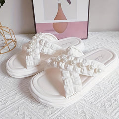 Women's Pearl Decor Sandals Open Toe Cross Strap Slip On Slippers