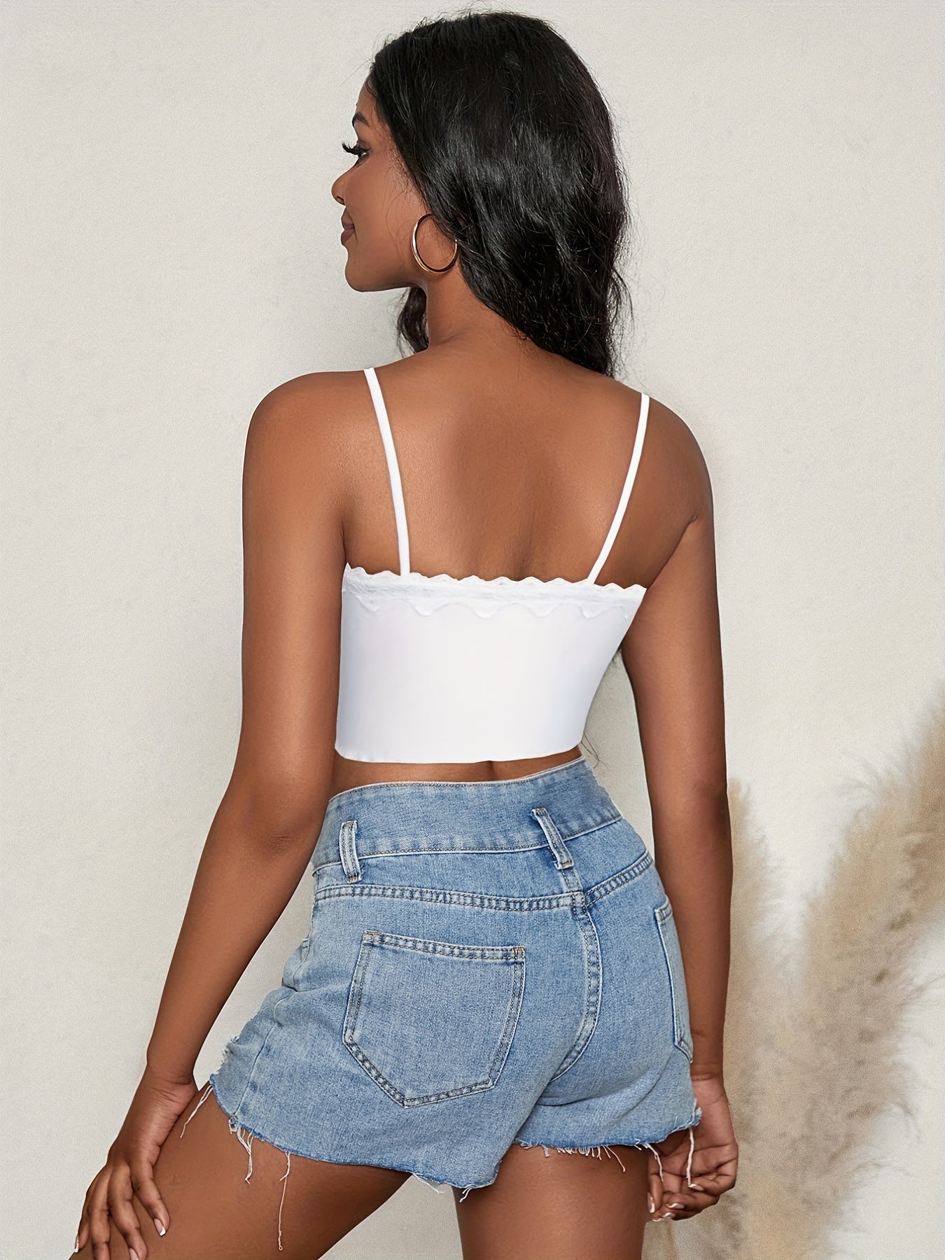 Lace Trim Spaghetti Strap Crop Top V Neck Sleeveless Cami