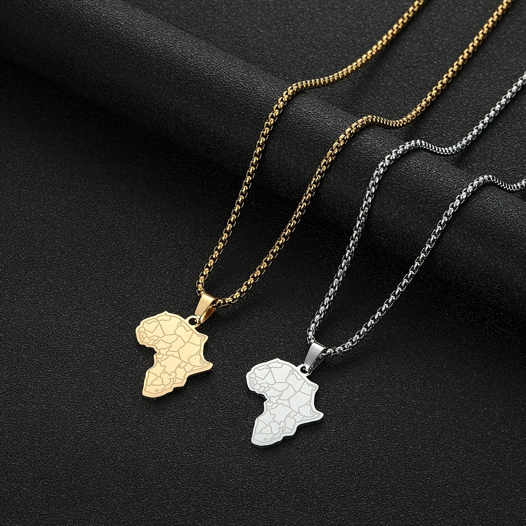 Africa Map Tiger Face Pendant Necklace Stainless Steel Hip Hop Vintage Gift
