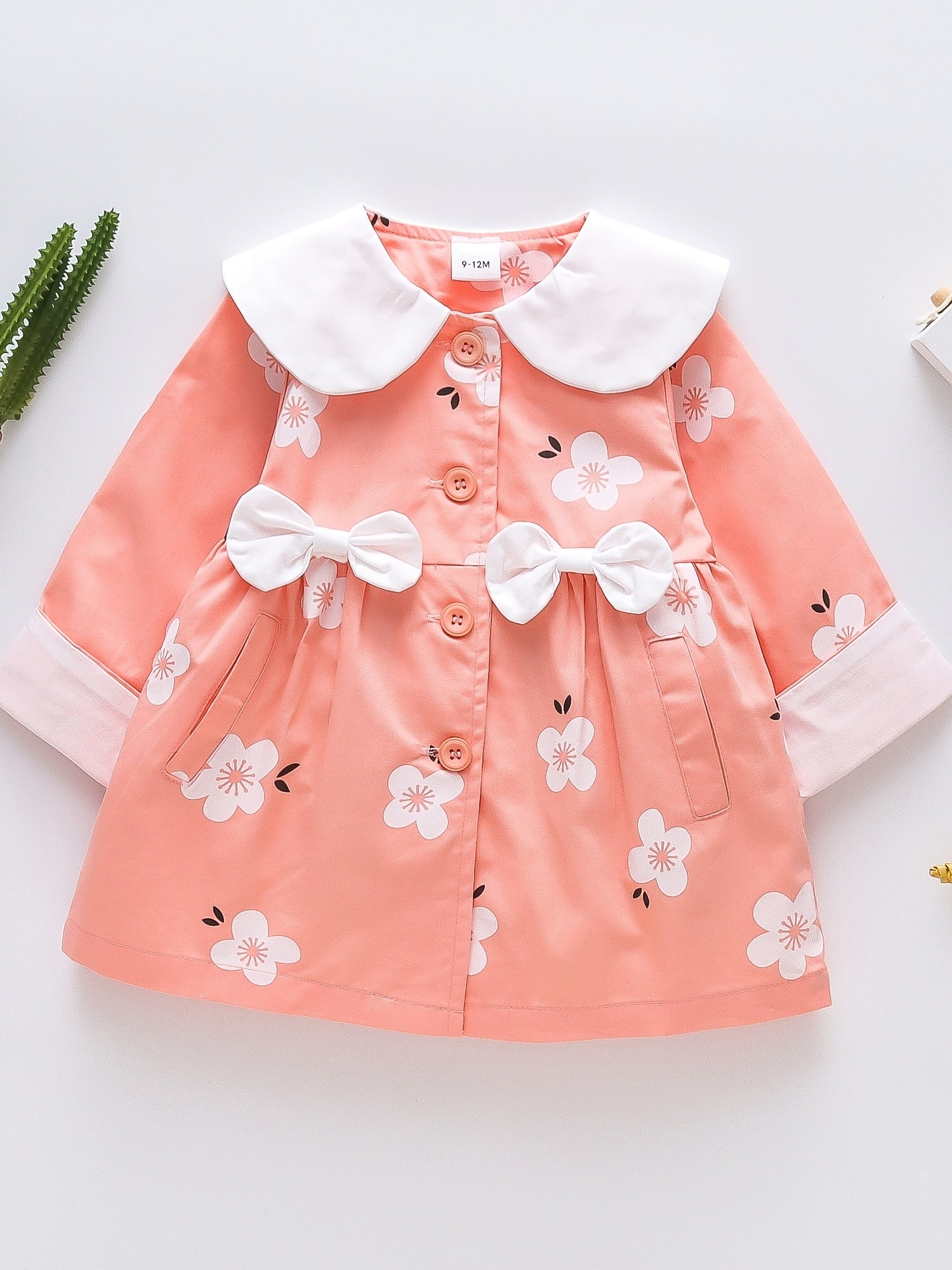 Baby Girls Lapel Jacket Flowers Print Button Bow Decor Coat
