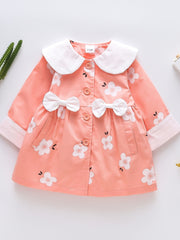 Baby Girls Lapel Jacket Flowers Print Button Bow Decor Coat