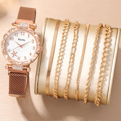 Rhinestone Studded Quartz Watch & 6 Bracelets Set