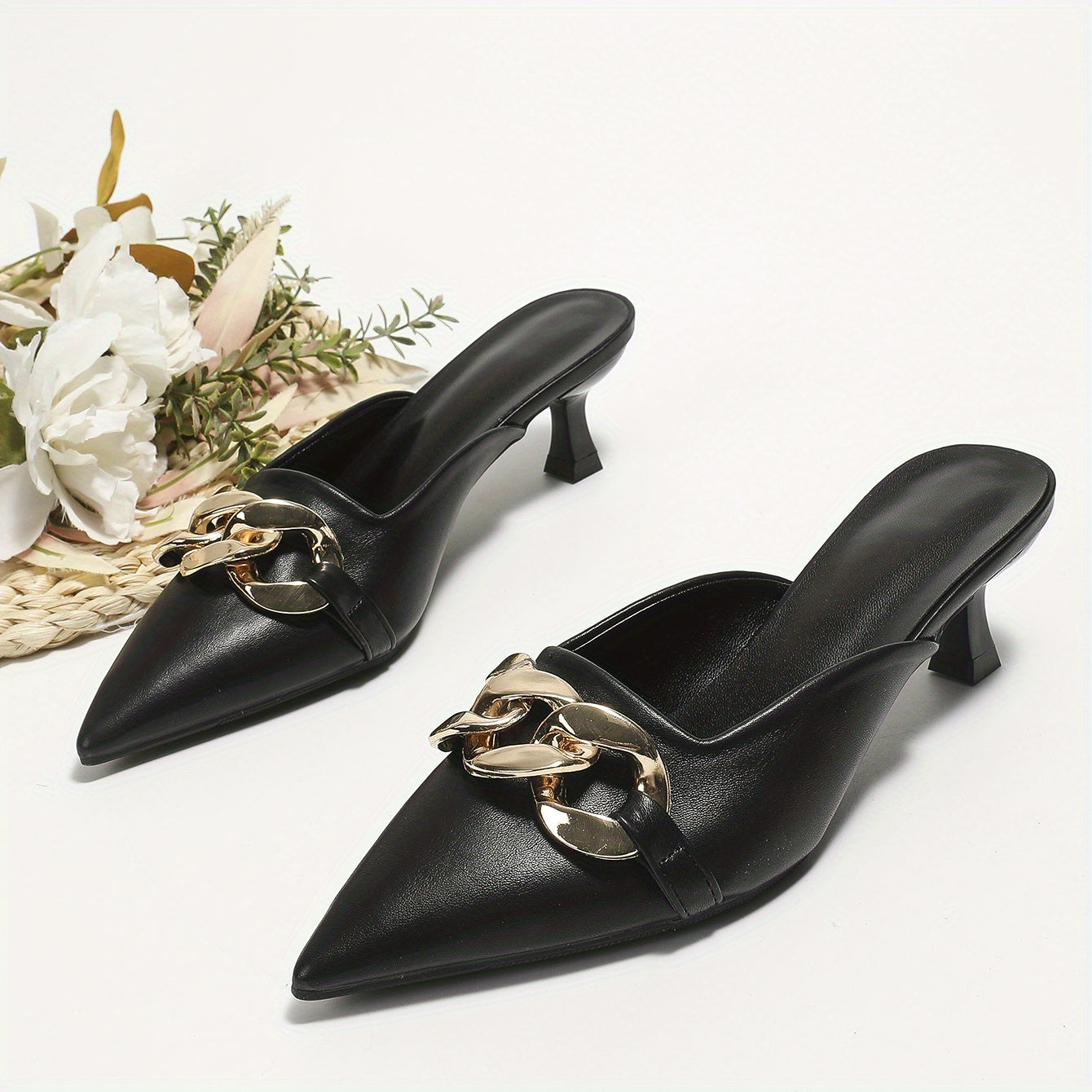 Women's Chain Decor Kitten Heels Pointed Toe Slip On Slingback Dress Sandals