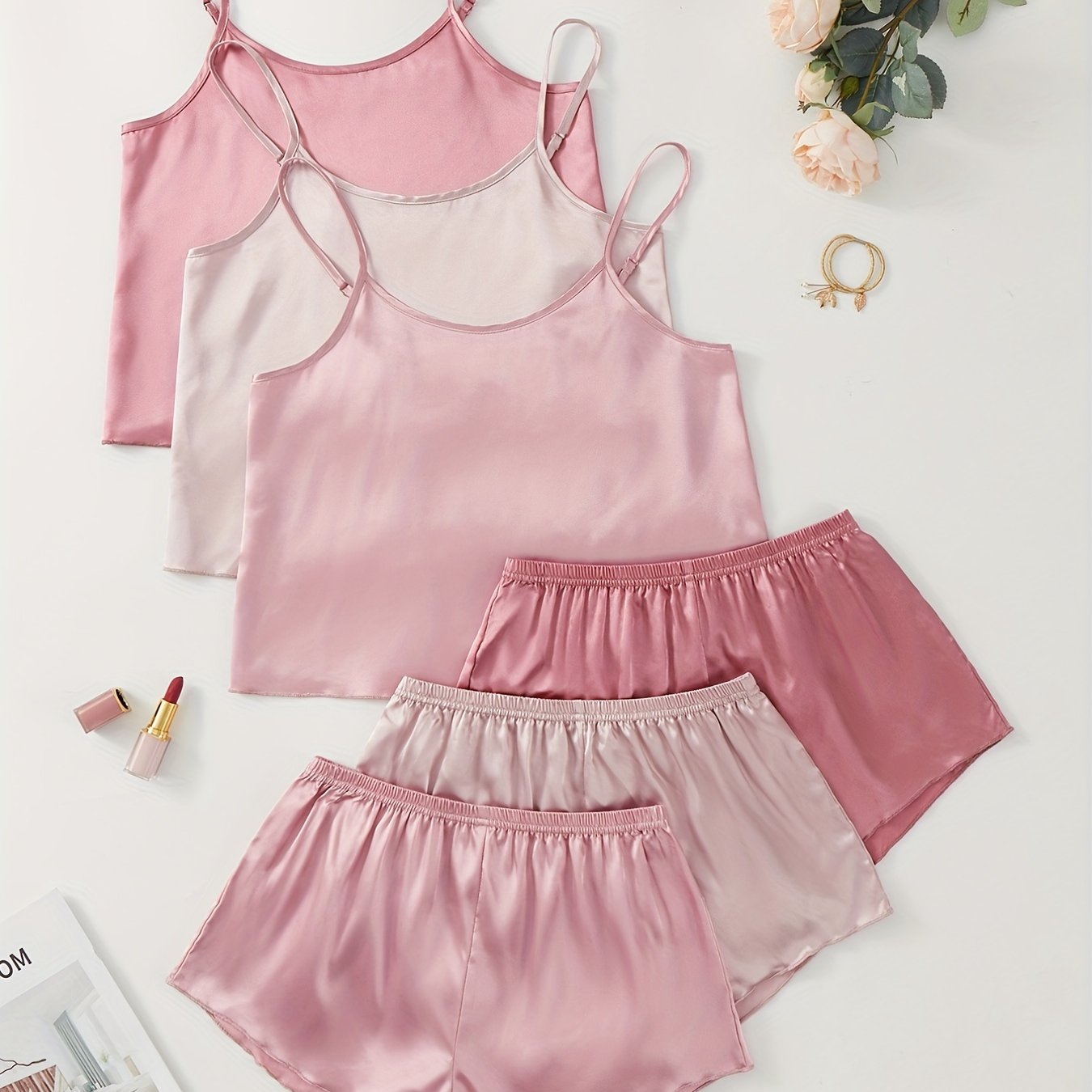 Satin Pajama Set Crew Neck Cami Top & Shorts