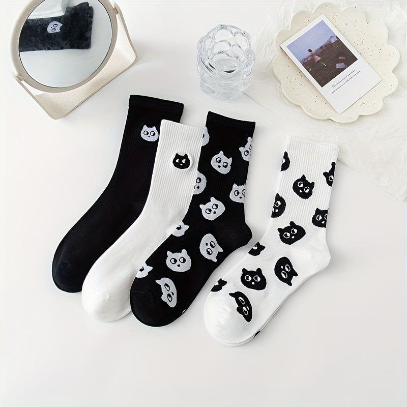 4 Pairs Cartoon Cat Print Socks Mid Tube Women's Stockings