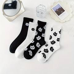 4 Pairs Cartoon Cat Print Socks Mid Tube Women's Stockings