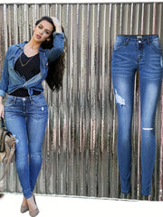 Ripped Whiskering Skinny Jeans Washed Medium Stretch Denim Pants