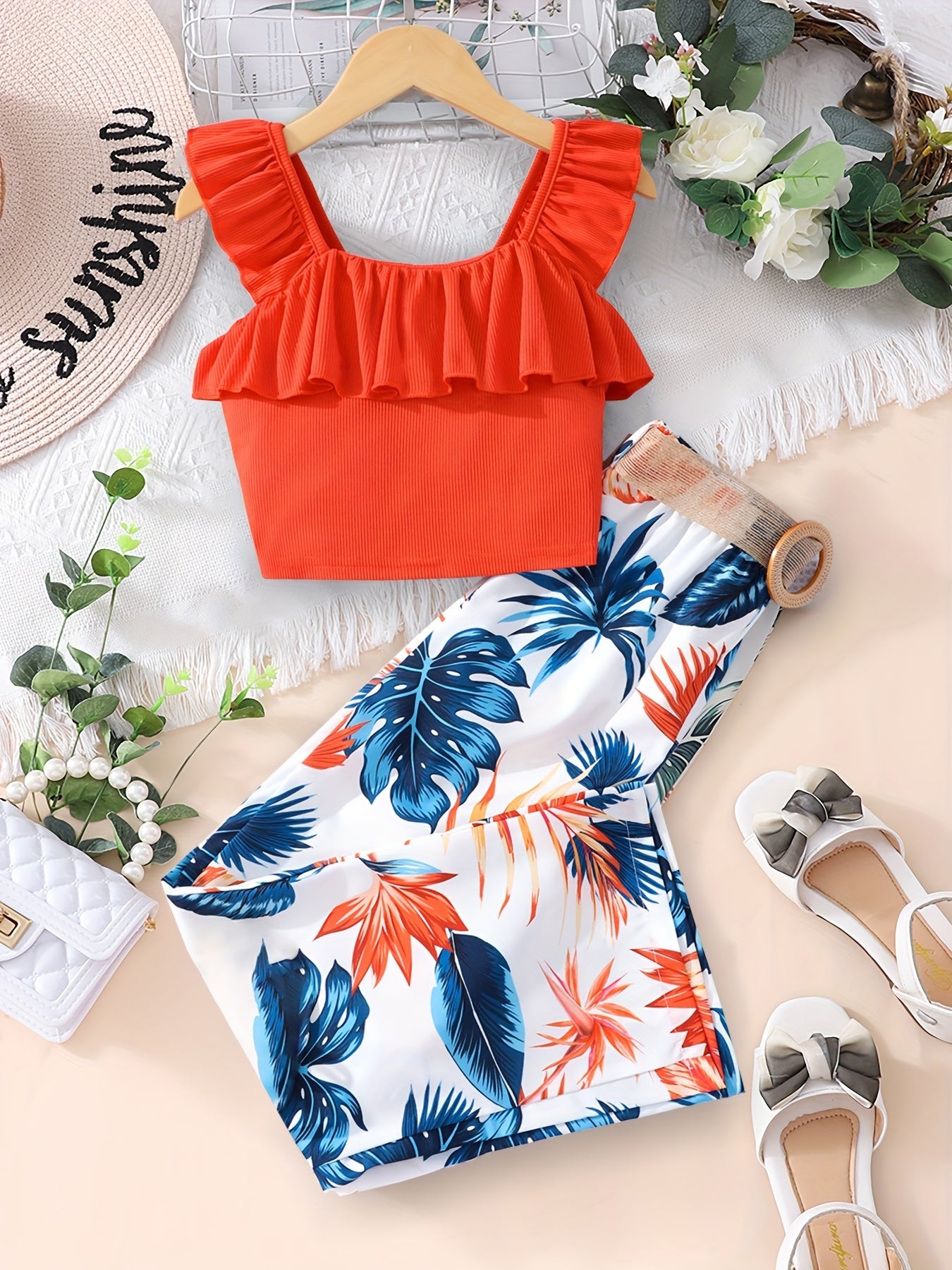 Girls 2pcs Outfits Ribbed Ruffle Tank Top & Plant Print Pants Set