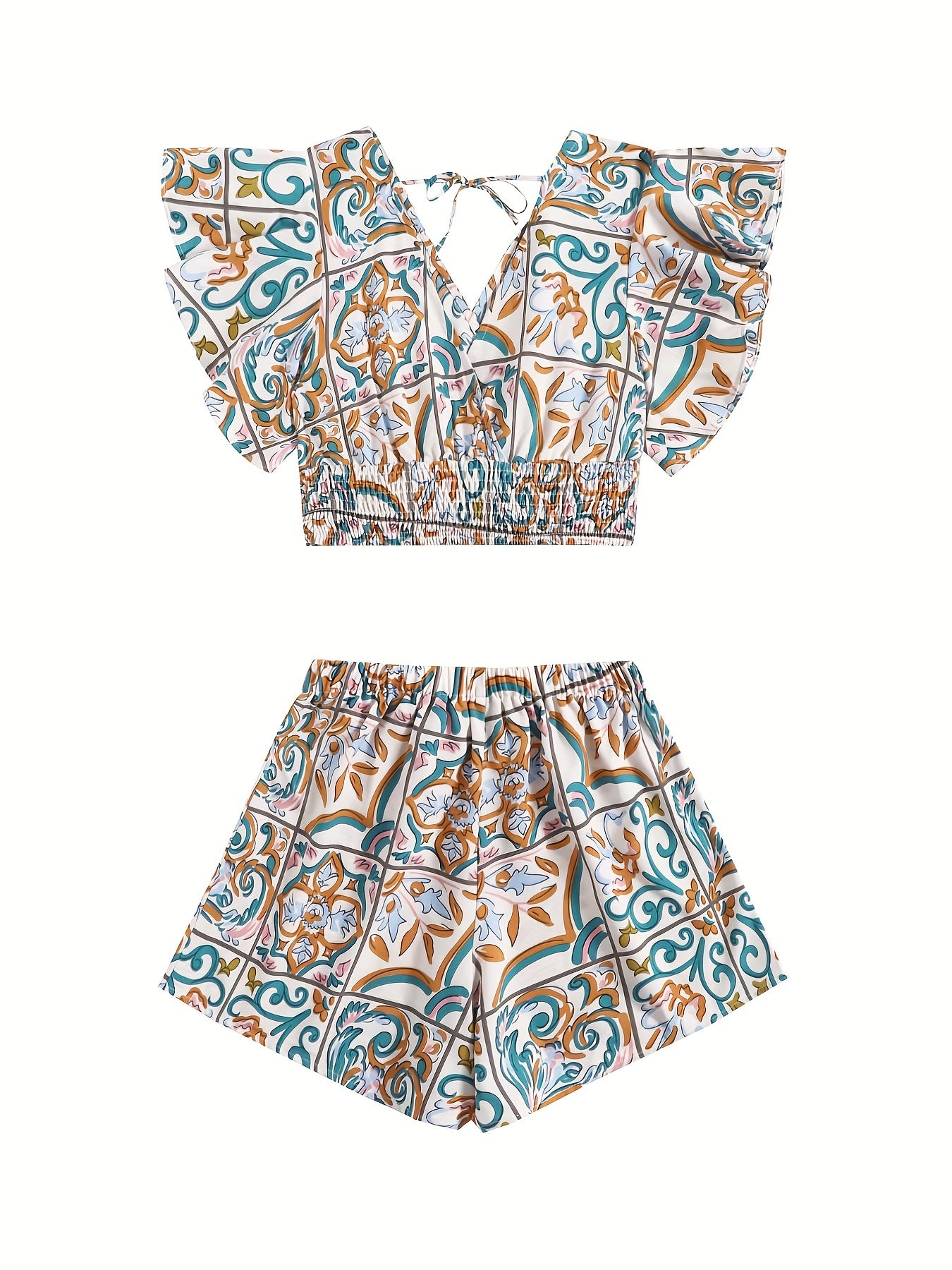 Floral Print Two Piece Set Ruffle Trim V Neck Tops & Elastic Waist Shorts