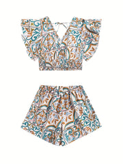 Floral Print Two Piece Set Ruffle Trim V Neck Tops & Elastic Waist Shorts