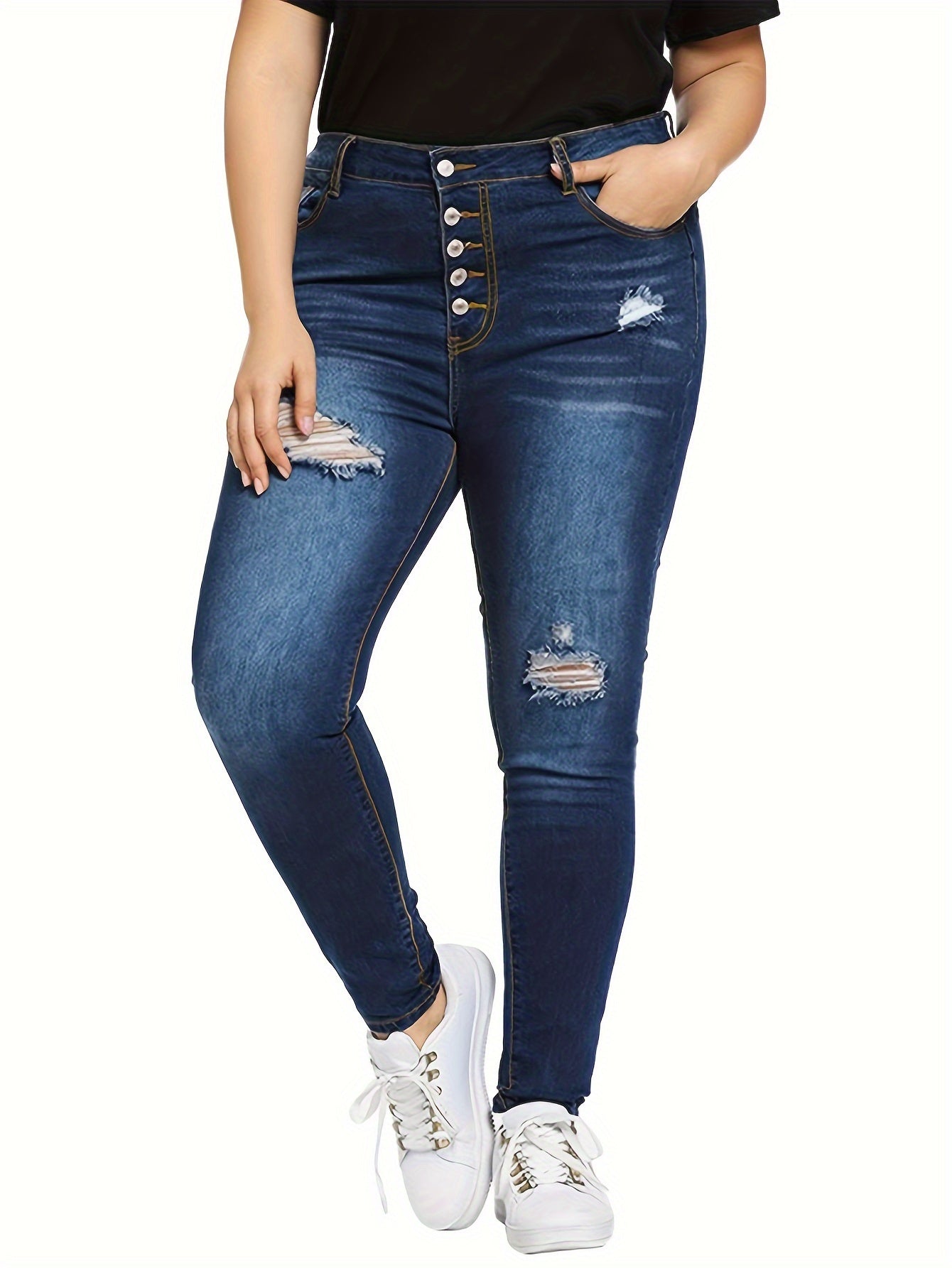 Plus Solid Ripped High Rise Skinny Jeans