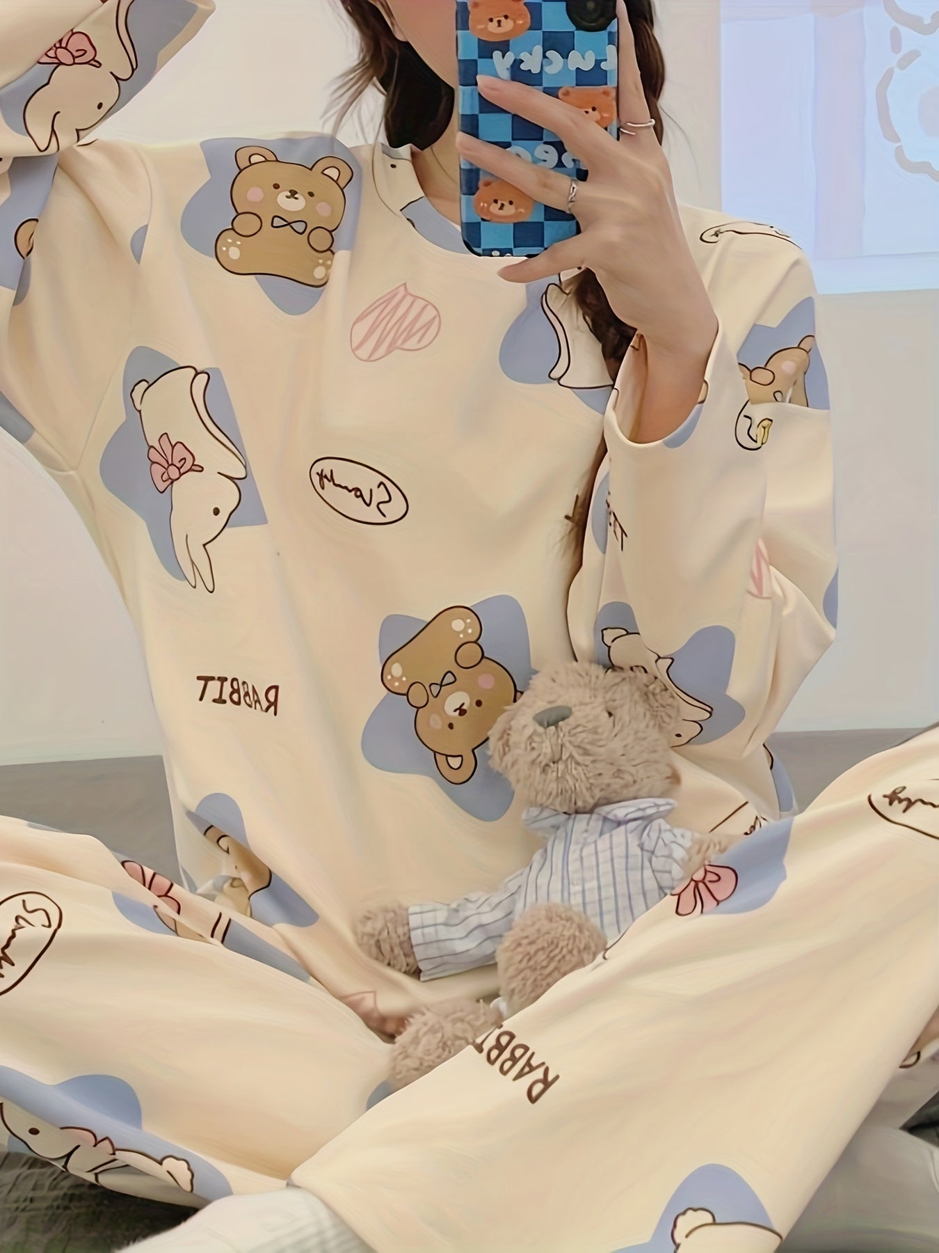 Bear Print Pajama Set Long Sleeve Crew Neck Top & Pants