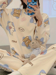 Bear Print Pajama Set Long Sleeve Crew Neck Top & Pants