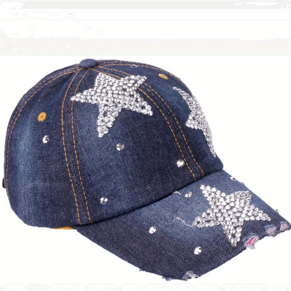 Rhinestone Pentagram Baseball Cap Ripped Distressed Cotton Dad Hat